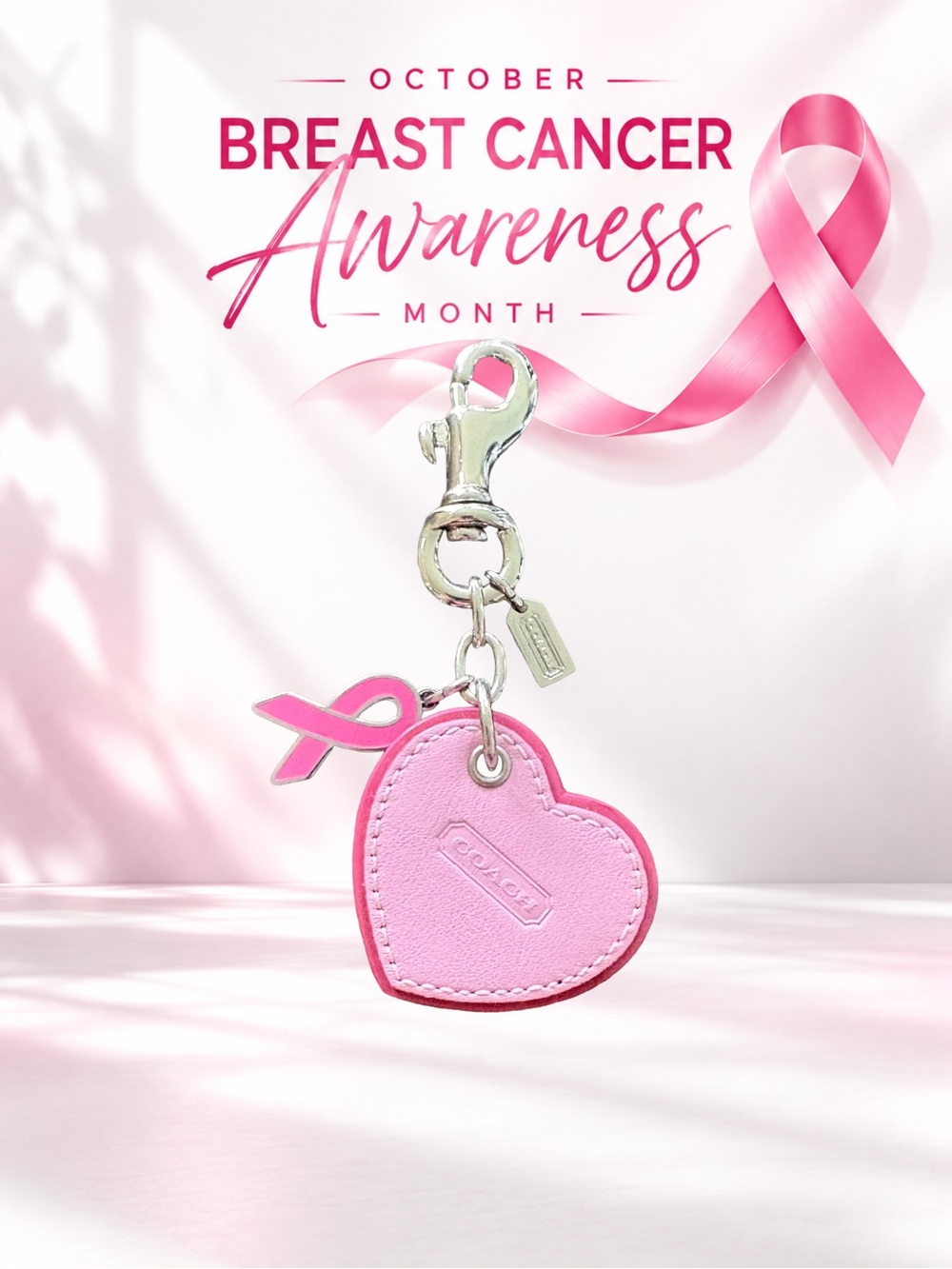𝗢𝗖𝗧 𝗗𝗥𝗢𝗣 Coach Heart Leather Bag Charm - Breast Cancer Awareness